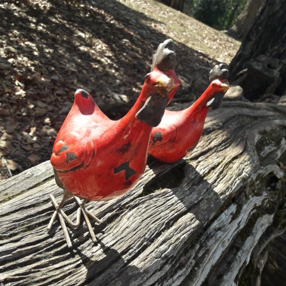 Chickens Rooster Bird Figurines Set of 2 Glazed Pottery Clay Crackled Vintage - Picture 11 of 17